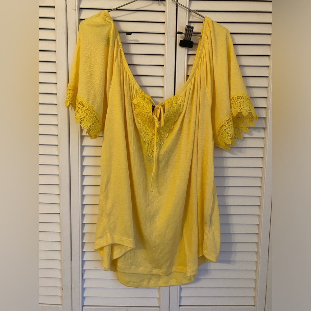 New Womens Eyelet Lace Short Sleeve Yellow Blouse Size 3X Stretch Peasant Boho